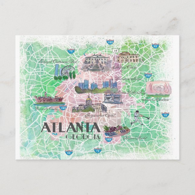 Atlanta Georgia USA Illustrated Map  Postcard (Front)