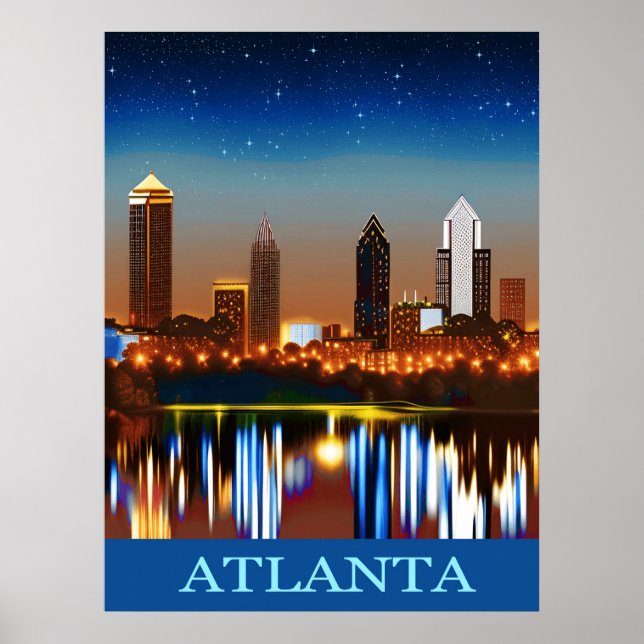 Atlanta Skyline by Night with Reflections Poster (Front)