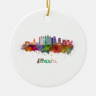 Atlanta V2 skyline in watercolor Ceramic Tree Decoration