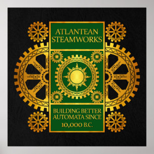 Atlantean Steamworks - Gold & Green on Black Poster