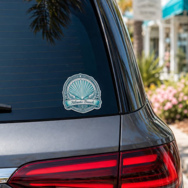 Atlantic Beach FL Coastal Seashell Emblem (Atlantic Beach Florida seashell sticker displayed on the rear window of a luxury SUV.)