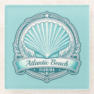 Atlantic Beach FL Coastal Seashell Emblem Glass Coaster
