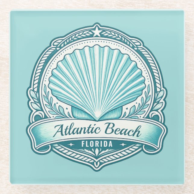Atlantic Beach FL Coastal Seashell Emblem Glass Coaster (Front)