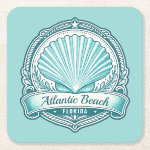 Atlantic Beach FL Coastal Seashell Emblem Square Paper Coaster