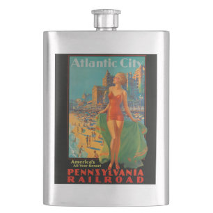 Atlantic City Beach Beauty Vintage Artwork Hip Flask