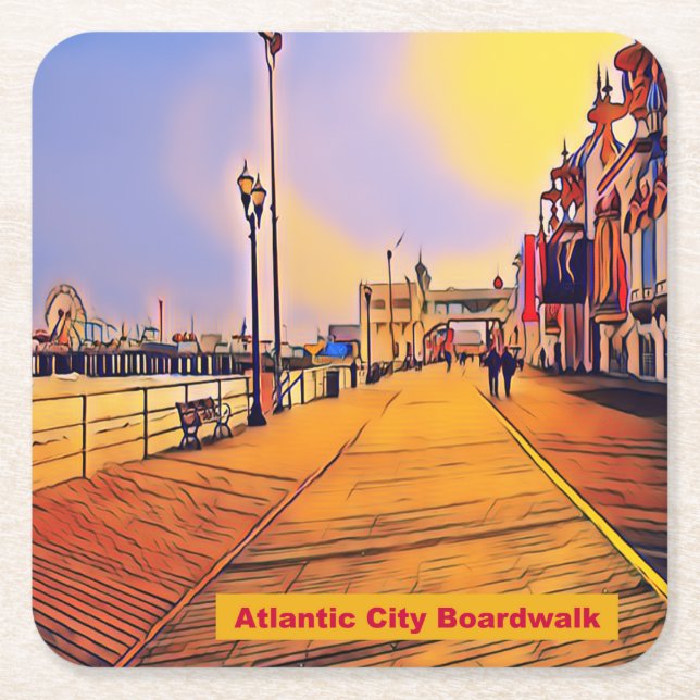 Atlantic City Beach Boardwalk Pop Art Square Paper Coaster (Front)