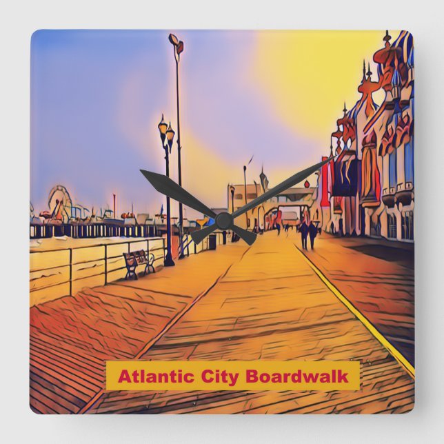 Atlantic City Beach Boardwalk Pop Art Square Wall Clock (Front)