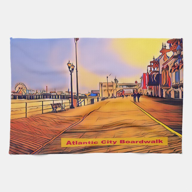 Atlantic City Beach Boardwalk Pop Art Tea Towel (Horizontal)
