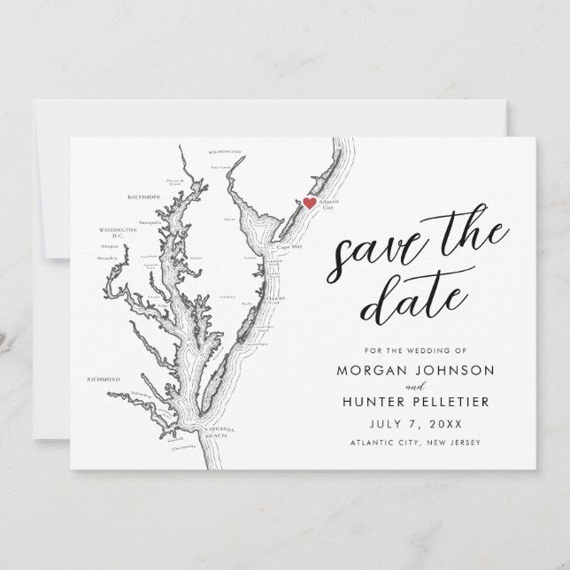 Atlantic City New Jersey Map Modern Wedding Save The Date (Front)