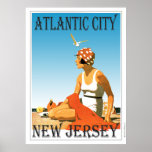 Atlantic City New Jersey Poster<br><div class="desc">A retro poster that never was until now. A recreation of an old poster that should have been. Atlantic City on the beach in retro style from the art deco era. Bright colours with a woman on the beach under a blue sky.</div>