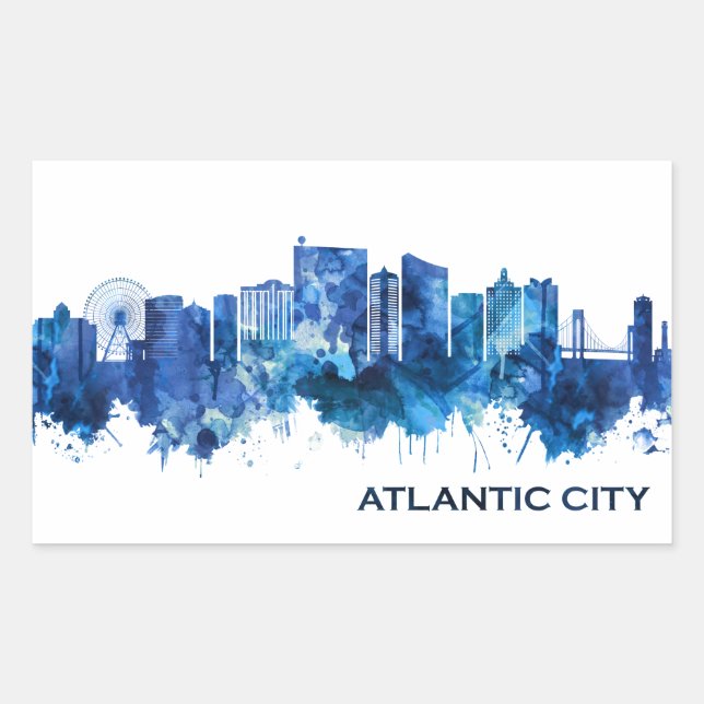 Atlantic City New Jersey Skyline Blue Rectangular Sticker (Front)