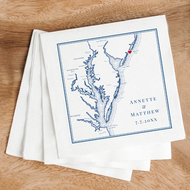 Atlantic City NJ Elegant Navy Blue Map Wedding Napkin (These Atlantic City, NJ wedding napkins are perfect for your Jersey Shore destination wedding)