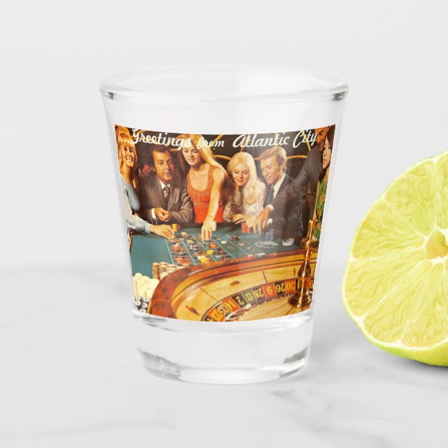 Atlantic City NJ, Gambling, Roulette, Retro  Postc Shot Glass (Front)