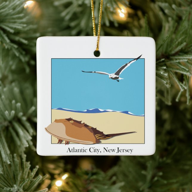 Atlantic City, NJ Horseshoe Crab Sea Gull Beach  Ceramic Ornament (Tree)