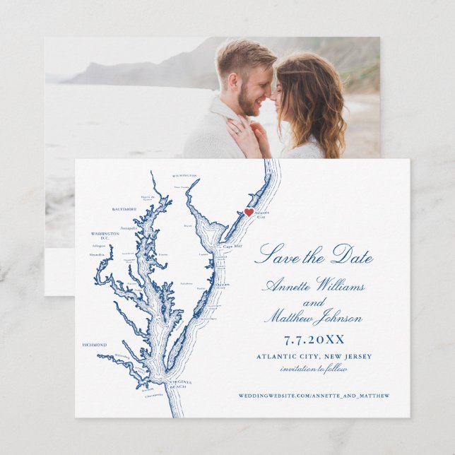 Atlantic City NJ Wedding Elegant Navy Map Save The Date (Front/Back)