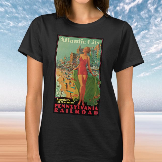 Atlantic City Resort, Pennsylvania Railroad Travel T-Shirt (Vintage Pennsylvania Railroad Travel Poster Atlantic City Resort Beach Blonde Pinup Girl T-Shirt)