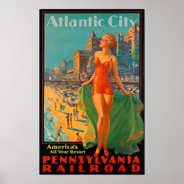 Atlantic City Vintage Pennsylvania Rail Travel Poster (Front)