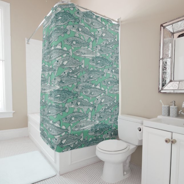 Atlantic cod dark teal peppermint shower curtain (In Situ)