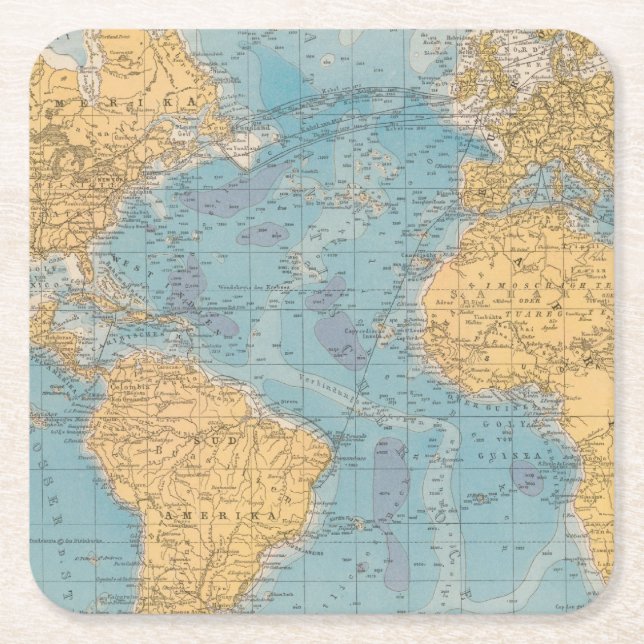 Atlantic Ocean Map Square Paper Coaster (Front)