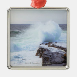 Atlantic Ocean Wave Crashing into Maine's Coast Metal Tree Decoration