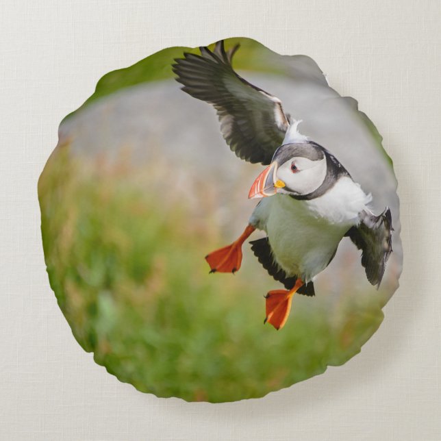 Atlantic Puffin bird flying round pillow (Back)