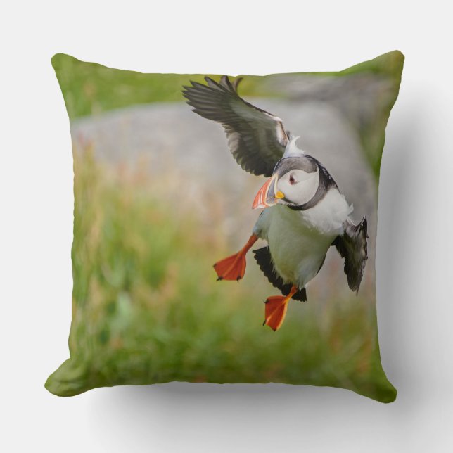 Atlantic Puffin bird flying throw pillow (Front)