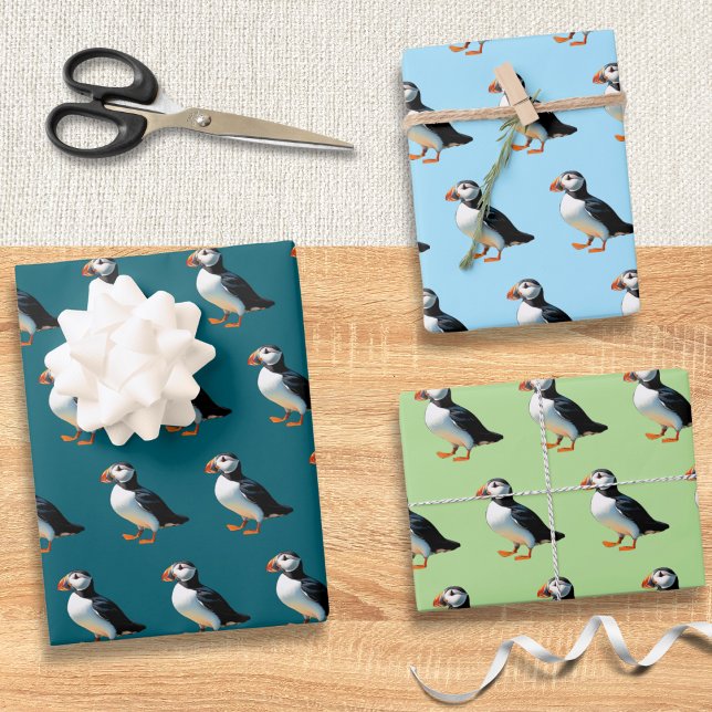 Atlantic Puffin Coastal Wildlife Sea Bird Set of 3 Wrapping Paper Sheet (A set of 3 wrapping paper sheets with a pattern of Atlantic puffins)
