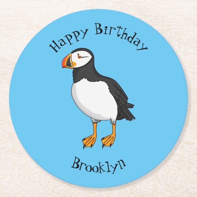 Atlantic puffin illustration round paper coaster (Front)