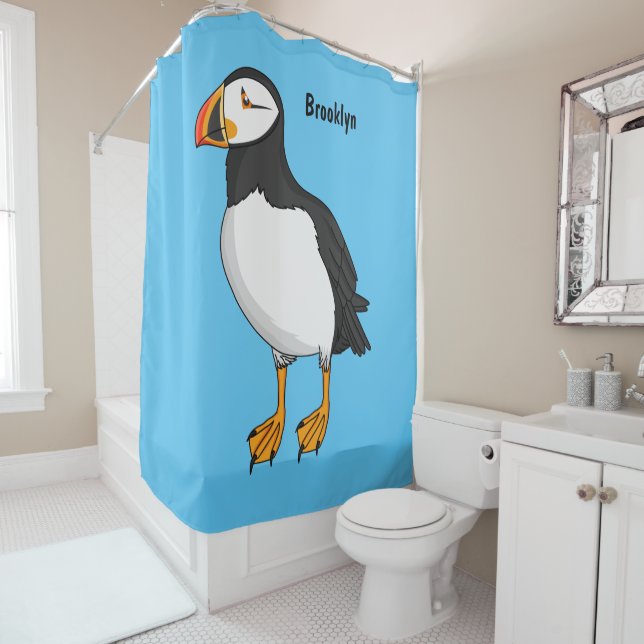 Atlantic puffin illustration shower curtain (In Situ)