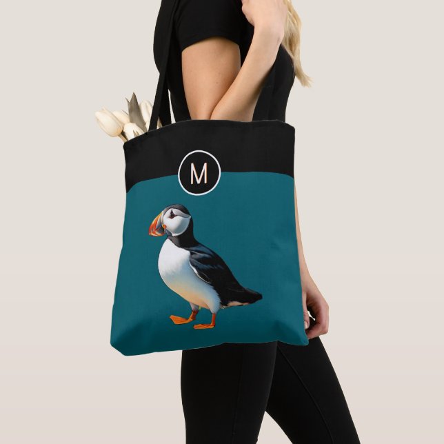 Atlantic Puffin Sea Bird Nature Wildlife Monogram Tote Bag (Close Up)