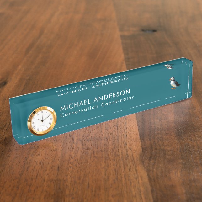 Atlantic Puffin Stylish Teal Personalised Nameplate (Side)