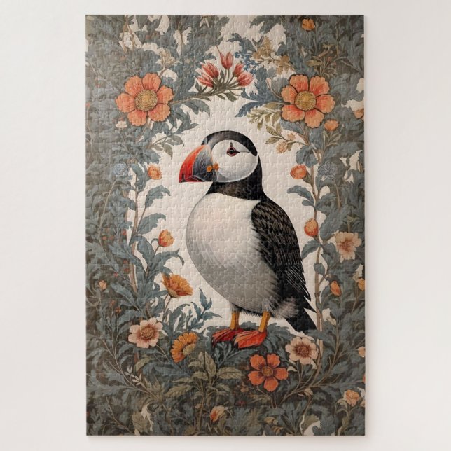 Atlantic Puffin William Morris Inspired Floral Jigsaw Puzzle (Vertical)