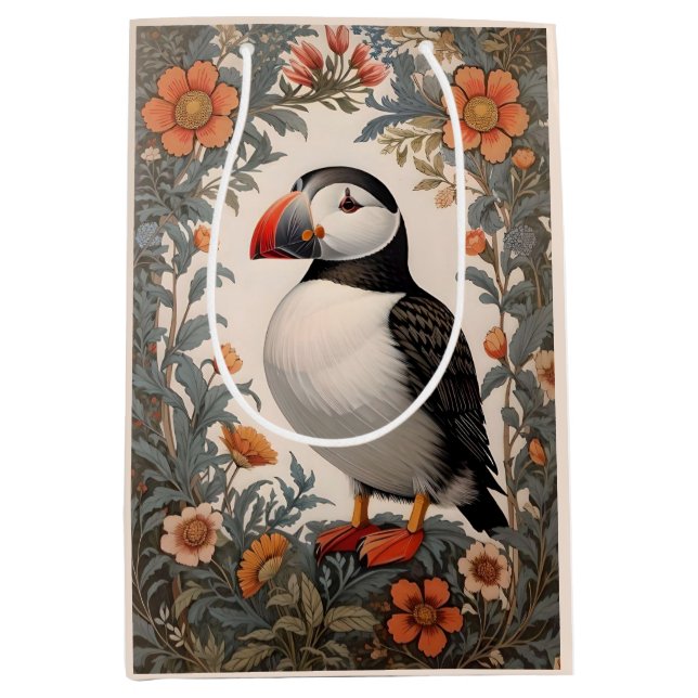 Atlantic Puffin William Morris Inspired Floral Medium Gift Bag (Front)