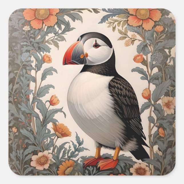 Atlantic Puffin William Morris Inspired Floral Square Sticker (Front)