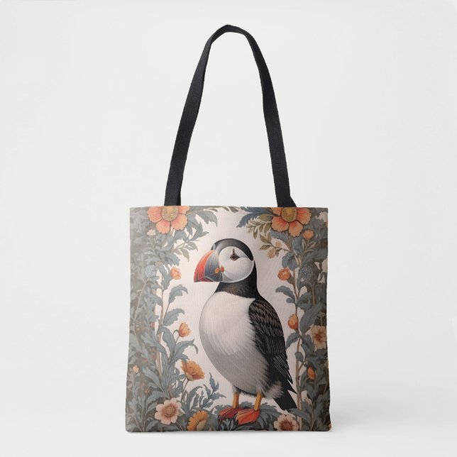 Atlantic Puffin William Morris Inspired Floral Tote Bag (Front)