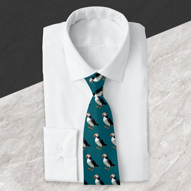 Atlantic Puffins Dark Ocean Blue Wildlife Pattern Tie (A stylish tie in teal, patterned with Atlantic puffin birds)