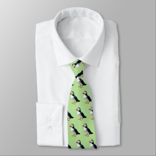 Atlantic Puffins Light Green Patterned Wildlife Tie