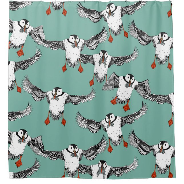 Atlantic Puffins mint Shower Curtain (Front)