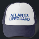 ATLANTIS LIFEGUARD fun slogan trucker hat<br><div class="desc">ATLANTIS LIFEGUARD fun and bold slogan on trucker hat,  navy blue,  ironic,  typography,  funny statement,  inspired by tv character frank rossitano. atlantis would be a lucky island to get a lifeguard like that. long lost lifeguard.</div>