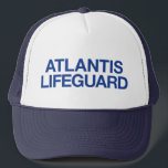 ATLANTIS LIFEGUARD fun slogan trucker hat<br><div class="desc">ATLANTIS LIFEGUARD fun and bold slogan on trucker hat,  navy blue,  ironic,  typography,  funny statement,  inspired by tv character frank rossitano. atlantis would be a lucky island to get a lifeguard like that. long lost lifeguard.</div>