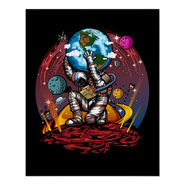 Atlas Astronaut Holding Earth Mars Galaxy Cosmic Poster (Front)