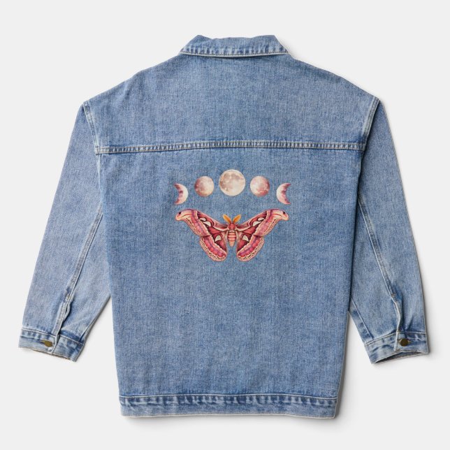 Atlas Moth Celestial Moon Phase | Boho Lunar Art Denim Jacket (Back)