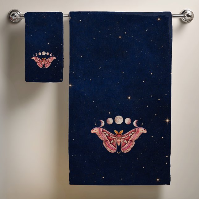 Atlas Moth Night Sky Cosmos Moon Phase | Boho Art Bath Towel Set (Creator Uploaded)