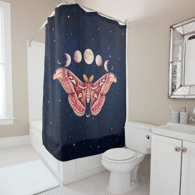 Atlas Moth Night Sky Cosmos Moon Phase | Boho Art Shower Curtain (In Situ)