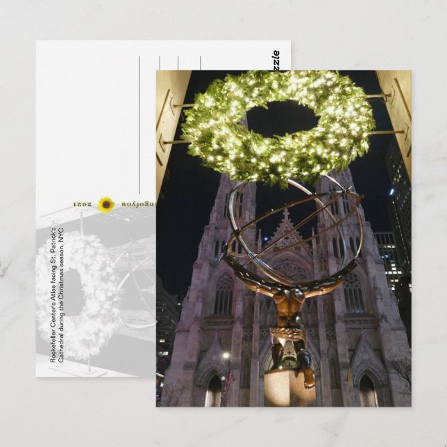 Atlas & St. Patrick's Cathedral, Christmas, NYC  - Postcard (Front/Back)