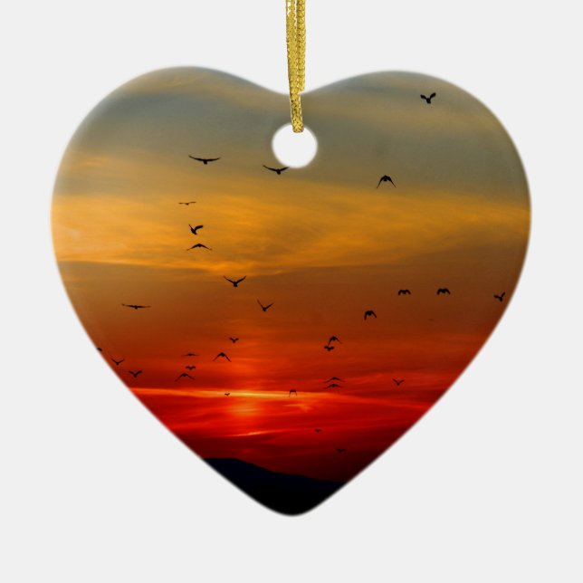 Atmospheric Sky, sunset, birds, beautiful photo Ceramic Tree Decoration (Front)