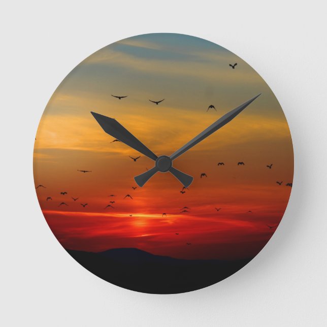Atmospheric Sky, sunset, birds, beautiful photo Round Clock (Front)