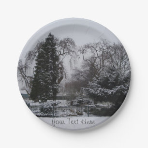 atmospheric snow scene landscape at christmas paper plate