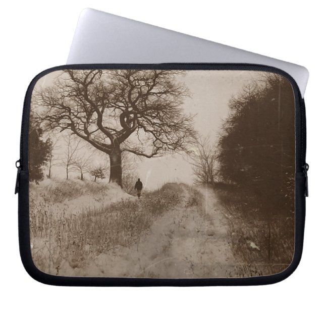 atmospheric winter snow scene photo monochrome laptop sleeve (Front)