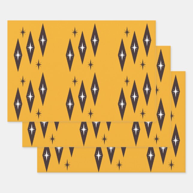 Atomic 1950’s Diamonds Pattern Orange Wrapping Paper Sheet (Set)